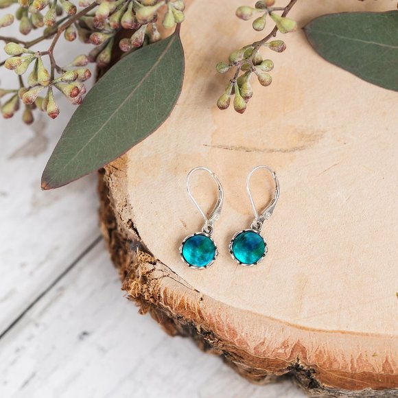 Recycled Vintage Aqua Mason Jar Sterling Silver Botanical Lever back Earrings - Picture 2 of 4